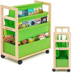 Double Sided Kids Bookshelf with Large Storage Bins, Kids Sling Book Shelf with Rolling Wheels for Kids Bedroom Playroom Toy Storage