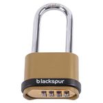 Blackspur 1x Brass Long Shackle 4-Digit Zinc Alloy Combination Padlock - Heavy-Duty Outdoor Garden Gate Shed Door Key Code Lock Security Shackle