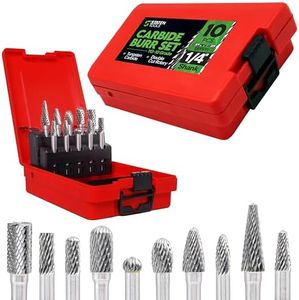 Carbide Burr Set 1/4" Shank – 10 Pcs Double Cut Die Grinder Bits for Milling, Carving, Engraving, Deburring, Drilling, Hard Wood and Metals – Tungsten Carbide Drill Bit Set for Rotary Tools