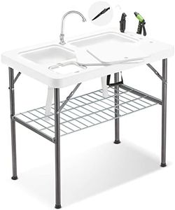 Avocahom 37" Folding Fish Cleaning Table Portable Camping Sink Table w/Dual Water Basins, Faucet Drainage Hose & Sprayer Outdoor Fish Fillet Cleaning Station w/Knife