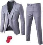 YND Men's Slim Fit 3 Piece Suit Set with Stretch Fabric, One Button Blazer Vest Pants, Solid Party Wedding Dress, Jacket Waistcoat and Trousers with Tie Grey