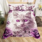 Manfei Cute Cat Kids Duvet Cover Set Super King Size, Purple Rose Flower Bedding Set for Boys Girls Adults Bedroom Decor, Floral Kitty Print Comforter Cover, Soft Polyester Quilt Cover, 2 Pillowcases