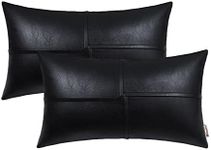 BRAWARM Faux Leather Throw Pillow Covers 12 X 20 Inches, Black Leather Lumbar Pillow Covers Pack of 2, Hand Stitched Leather Decorative Throw Pillows for Couch Sofa Bed Living Room Home Garden