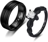 Personalized Matching Promise Rings for Couples Set with 2 Rings Black CZ Wedding and Engagement Ring Set for Women and Men Couples Promise Rings for Him and Her Titanium Inside Engraved Name Rings,