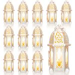 12 Pcs Moroccan Style Candle Lantern Vintage Decorative Lanterns Metal Moroccan Decor with Transparent Glass White Lanterns for Weddings Rustic Outdoor Candle Holder Hanging Tealight Holder for Party