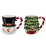 100 North Snowman and Tree 16 ounce Dolomite Ceramic Christmas Holiday Festive Coffee Tea Cup Mugs For Your Favorite Morning Brew Pack of 2