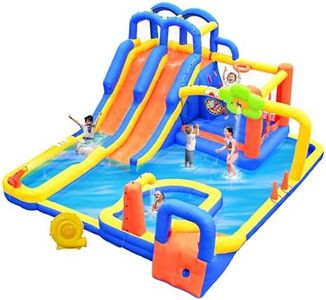 WELLFUNTIME Inflatable Water 3 Slides Park with Blower, Inflatable Bounce House with Climbing Wall, Water Cannon, Dartboard, Flower Sprayer and Deep Pool