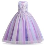 Flower Girls Floral Embroidered Sleeveless Tulle Wedding Bridesmaid Dress Kids Birthday Party Princess Dresses First Communion Evening Long Dress Prom Ball Gown For Girls Rainbow Purple 9-10 Years