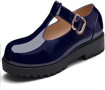 Coutgo Girls Mary Jane Dress Shoes Platform Loafers School Uniform Chunky Heel Closed Toe T-Strap Flats Navy