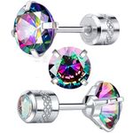 Pack of 4 Round CZ Screw Flat Back Earrings Hypoallergenic for Sensitive Ears, Stainless Steel, Cubic Zirconia