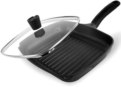 La Moustache - Sartén Grill con Antiadherente, Plancha【28 cm | 1,9L】para Asar con Tapa de Cristal, Aluminio Fundido (sin PFOA) para Todas las Cocinas, Asador con Rayas, Mango Antiquemaduras