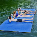 Goplus 12' x 6’ Floating Water Pad, 3-Layer Tear-Resistant XPE Foam Mat, with Mooring Device and Hook- Loop Straps Roll-Up Floating Island for 4-6 Person on Pool Lake Ocean (Blue)