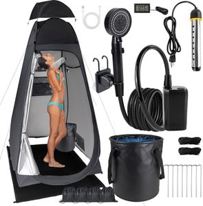 Brarvagur Portable Camping Shower with Heater & Rechargeable Pump – 1.9M Privacy Shower Tent, 28L Foldable Bucket, 4000mAh Battery, 1501W Immersion Heater – Outdoor Shower Kit for RV, Beach