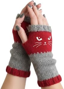 NEKSKA Fingerless Gloves for Women, Cat Mittens for Women, Knitted Warm Winter Mitts for Texting, Typing & Everyday Wear (Red)