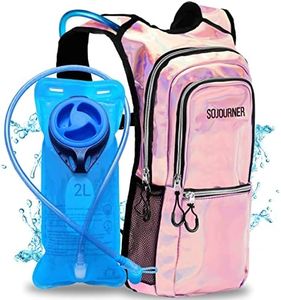 SOJOURNER Rave Hydration Pack Backpack - 2L Water Bladder Included for Festivals, Raves, Hiking, Biking, Climbing, Running and More (Medium) (Holographic - Pink)