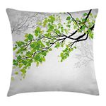 Ambesonne Nature Throw Pillow Cushion Cover, Twiggy Spring Tree Branch with Refreshing Leaves Summer Peaceful Woodland Graphic, Decorative Square Accent Pillow Case, 18" X 18", Green Grey