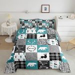Bear Comforter Set Full Farmhouse Decor,Deer Moose Jungle Wild Animal Western Bedding Set for Girls Boys,Teal Grid Buffalo Checkered Plaid Down Comforter,Tribal Hunting Arrow Cabin Barn Door Quilt
