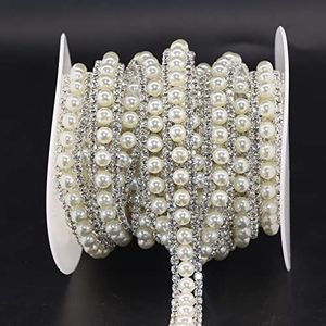 Jerler Rhinestone Trim Applique 1 Yard 2 Rows Crystal Chain Banding Diamond Inlaid White Pearl Beaded Rhinestones for Crafts Clothing and Bridal Embellishments Wedding Ideas Christmas Decorations