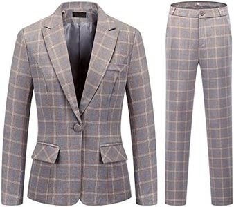 MODFUL Women Suits Formal 2-Piece Plaid Trouser Suit Smart Office Classic Suit for Ladies UK (Grey, M)