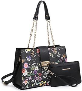 Dasein Women Fashion Tote Bags Handbag Purse Chain Shoulder Bag Top Handle Bag Hobo With Matching Clutch (Black Floral)