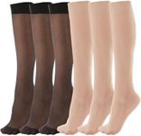 ZIHUA 6 Pairs Knee High Stockings for Women, 20 Denier Nylon Sheer Socks with Reinforced Toes Black Nude One Size, Black+nude, One Size