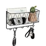 OROPY Entryway Mail Holder with Key Hooks, 10.8" L×3.1" W×6.1" H, Wall Mounted Matte Black Metal Wire Mesh Storage Basket with 6 Hooks, Easy to Organize Letters, Magazines, Keys, Leashes for Entryway