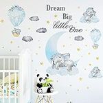 Large Blue Baby Boy Elephant Wall Decal, JOENCOST Cute Five Elephant Dream Big Little One Wall Stickers Watercolor Grey Cloud Gold Star, Removable Nursery Wall Decor for Kids Bedroom Living Room…