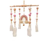 Handmade Rainbow Wooden Baby Crib Mobile with Colorful Cotton and Wool Felt Balls for Nursery and Ceiling Decoration (Pink)