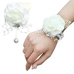 TSKDKIT 2PCS White Corsage for Wedding and Prom Rose Wrist Corsage Bracelet with Pearl Wrist Band, Ribbon Flower Wrist Corsage for Women, Girls, Bridal, Bridesmaid etc