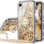 Silverback for iPhone XR Case with Ring Kickstand Lanyard, Moving Liquid Glitter Sparkle Holographic, Girls Women Bling Diamond Ring Protective Cover for iPhone XR Case - Clear Gold