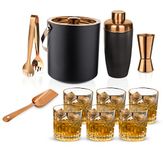 Steren Impex | Stainless Steel Premium Black & Copper Bar Set for Drink/Gift, Ice Bucket, Cocktail Shaker, Ice Scooper, Peg Measure/Jigger & Tong with Set of 6 Drink Glasses