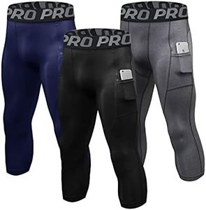 LANDUNSI 3 Pack Mens Compression Pants 3/4 Running Football Tights with Pokects Dry Fit Workout Leggings Sports Base Layer
