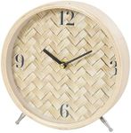 Deco 79 Wood Decorative Clock Woven Chevron Patterned Mantel Clock with Silver Legs, Tabletop Clock 7" x 2" x 7", Light Brown