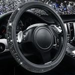 CAR PASS Bling Diamond Leather Steering Wheel Cover, With Sparkly Crystal Glitter Rhinestones Universal Fit 14"1/2-15" Car Wheel Protector for Women Girl Fit Suvs,Vans,Sedans,Car,Trucks, Black Diamond