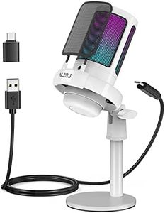 NJSJ USB Microphone for PC, Gaming Mic for PS4/ PS5/ Mac/Phone,Condenser Microphone with Touch Mute,RGB Lighting,Gain knob & Monitoring Jack for Recording,Streaming,Podcasting (White)