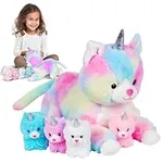 PixieCrush Unicorn Stuffed Animals for Girls Ages 3-8 - Mommy Cat Unicorn with 4 Baby Kittens - Magical Cat Pillow Plushies - Enchanting Plush Cat with Stuffed Kittens