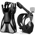 Odoland Snorkeling Packages Set, Full Face Snorkel Mask with Adjustable Swim Fins and Lightweight Backpack, Anti-Fog Anti-Leak Snorkeling Masks Gear for Men Women Adult, Black,S/M