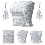 Women's Sparkly Sequin Crop Tops Strapless Metallic Tube Tops with Metal Mesh Drop Dangle Earrings for Party Clubwear, Silver, Adult size