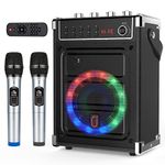 JYX Karaoke Machine with 2 UHF Wireless Microphones, Bass/Treble Bluetooth Speaker with LED Light, Support TWS, AUX In, FM, REC, Supply for Party/Adults/Kids - Black