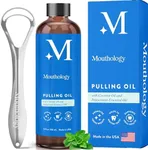 Mouthology Coconut Oil Pulling for Teeth and Gums (Made in USA), Whitening Pulling Oil Coconut Mint Mouthwash for Fresh Breath Ayurvedic Oil Pulling Mouth Gum Health with Tongue Scraper Oral Care 8oz