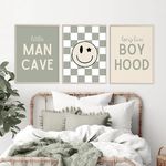 Long Live Boyhood Wall Art Nursery Baby Boys Canvas Wall Art Decor Preppy Retro Poster Prints Kids Little Man Cave Pictures Sage Green Artwork for Room Bedroom Set of 3 12x16 Inch Unframed