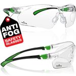 NoCry Clear Safety Glasses for Work with Anti Fog Scratch Resistant Wrap-Around Lenses and Non-Slip Grips, UV Protection. Adjustable Eye Protection Cycling and Squash Glasses with Black & Green Frames