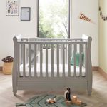 Babymore Eva Sleigh Cot Bed Grey - Drop Side Cot Bed With Mattress Included, Baby Cot Bed With Teething Rail & Drawer, Convertible to Toddler Bed & Day Bed | 3 Adjustable Bed Base Positions (Grey)