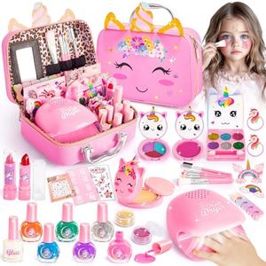 Hohosunlar Girls Makeup Set Kids Toys - Washable Non-toxic Kids Make Up w/ Nail Polish Dryer, Princess Accessories Nail Varnish Set, Christmas Birthday Gift Toys for Girls 3 4 5 6 7 8-12 Years Old