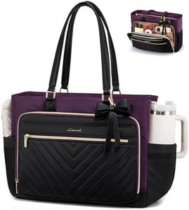 LOVEVOOK Laptop Tote Bag for Women, Work Bag Teacher Tote with Large Cup Holder, Quilted Nurse Diaper Bag for Travel, Computer Women's handbags for Teacher gift, Black-Purple, 17.3 Inch