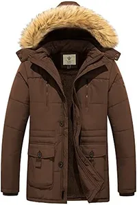 WenVen Men's Winter Coat Puffy Jacket with Fur Removable Hood (Coffee, 2XL)