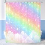 Cinbloo Rainbow 60Wx72H Shower Curtain Girls Kids Pastel Cartoon Cute Colorful Sky Clouds Stars Aesthetic Bathroom Curtain Set Girly Bath Curtain Cloth Fabric Bathroom Accessories Decor with 12 Hooks