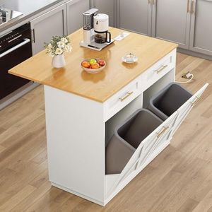 DWVO Kitchen Island with Drop Leaf, 40 Inch Double Tilt Out Trash Can Storage Cabinet with Power Outlet, Mobile Storage Islands on Wheels, Fit Two 10-Gal Garbage Bin, for Kitchen Dining Room, White