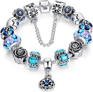 A TE® Bracciale Charms "Fiore" di Vetro Cristalli Smalto Catena Sicurezza Regalo Donna #JW-B109 (Blu)