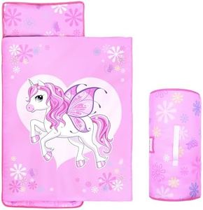 GOPHRALOVE Unicorns Toddler Nap Mat with Removable Pillow and Blanket Kids Sleeping Bag with Pillow Reinforced Stitching Machine-Washable, Soft Nap Mats for Daycare, Travel, Camping 53"x21"